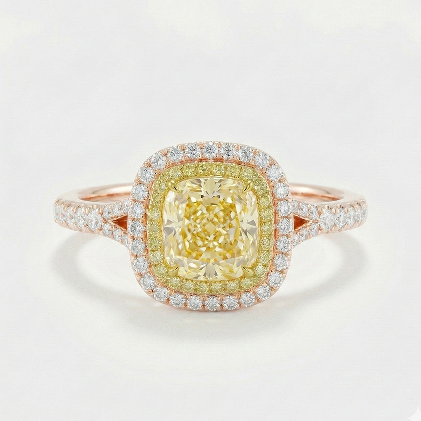 Cushion Fancy Yellow Split Shank diamond ring luxury handcrafted ring on grey background in 18K rose gold | SARATTI