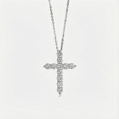 Round Lab Grown Diamond Cross Necklace in Platinum with Cable Chain in 18K White Gold - SARATTI