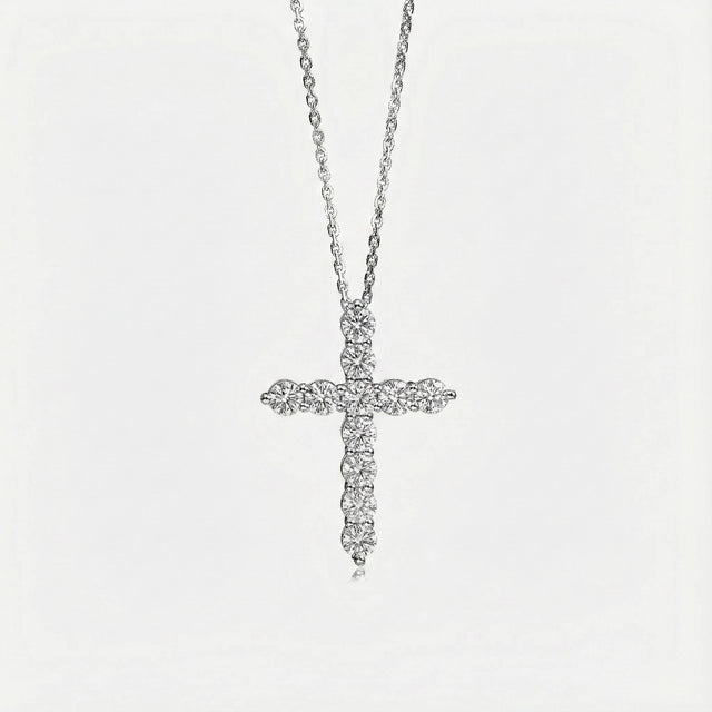 Round Lab Grown Diamond Cross Necklace in Platinum with Cable Chain in 18K White Gold - SARATTI