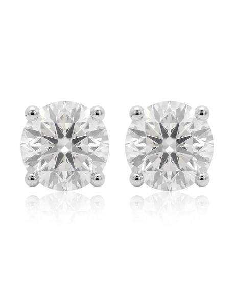 1.00 ct. tw. lab-grown round diamond four-prong studs in platinum, prong detail | SARATTI