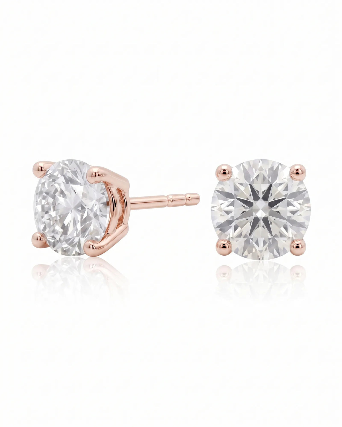 2.00 ct. tw. lab-grown round diamond four-prong studs in 18K rose gold, front view | SARATTI