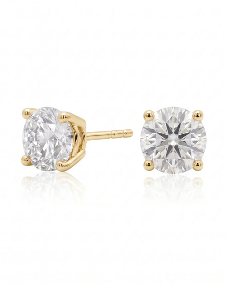2.00 ct. tw. lab-grown round diamond four-prong studs in 18K yellow gold, front view | SARATTI