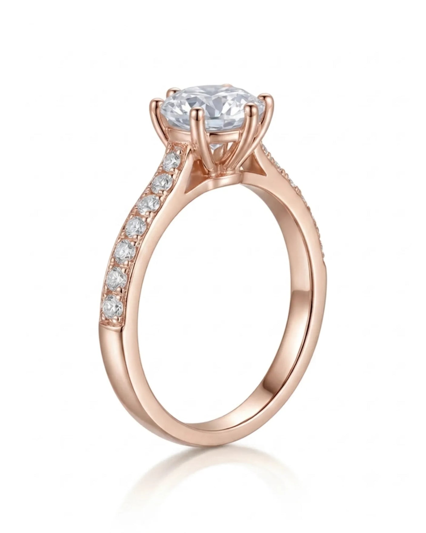 Round centre diamond ring accented by delicate side diamonds in polished 18K rose gold | SARATTI