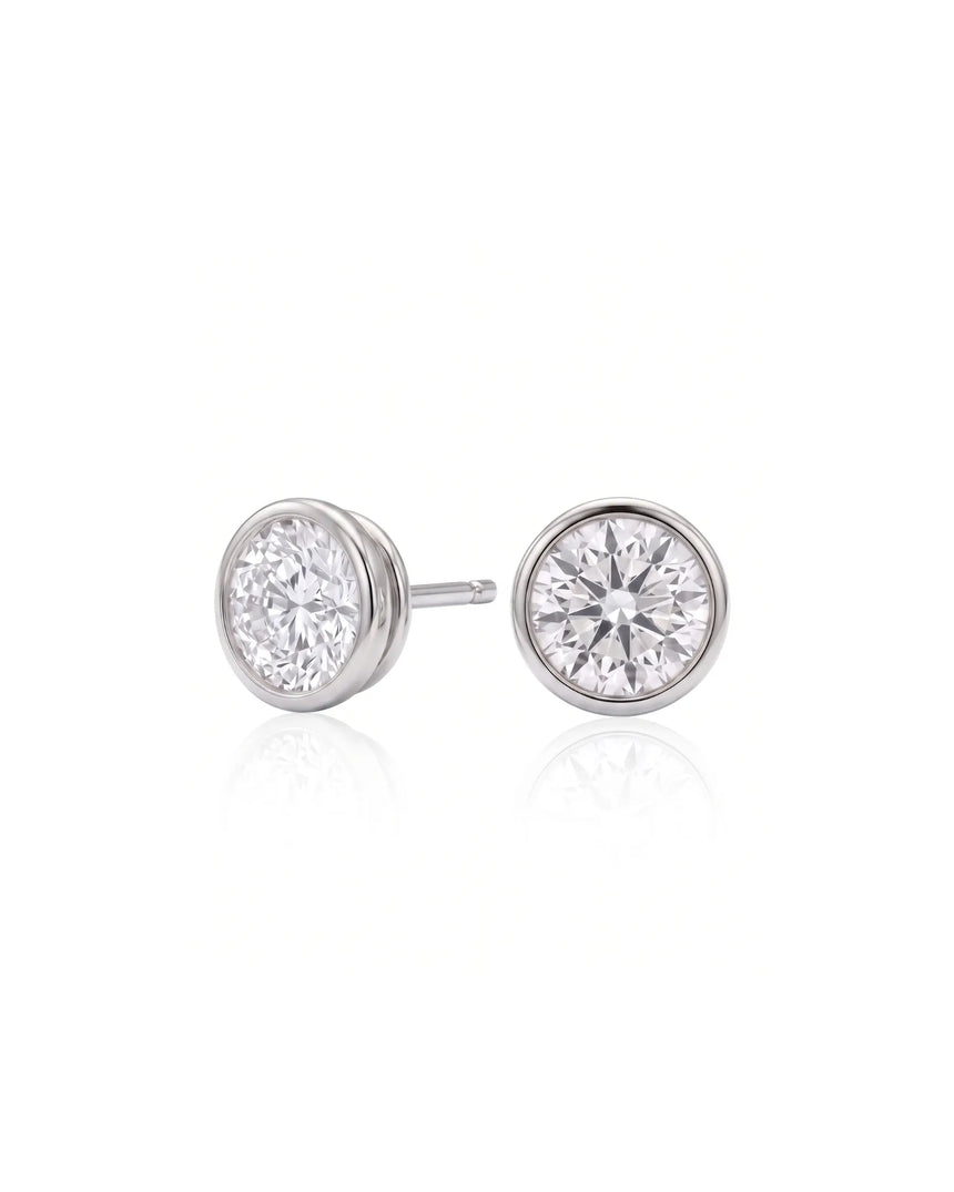 1.00 ct. tw. lab-grown round diamond full-bezel stud earrings in 14K white gold, front view | SARATTI