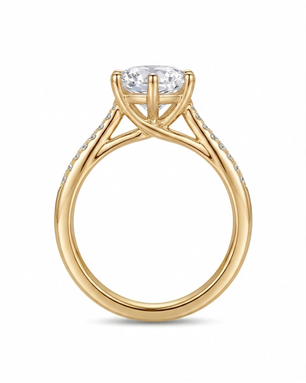 Round diamond engagement ring with six-prong center setting and pavé accents in 18K yellow gold | SARATTI