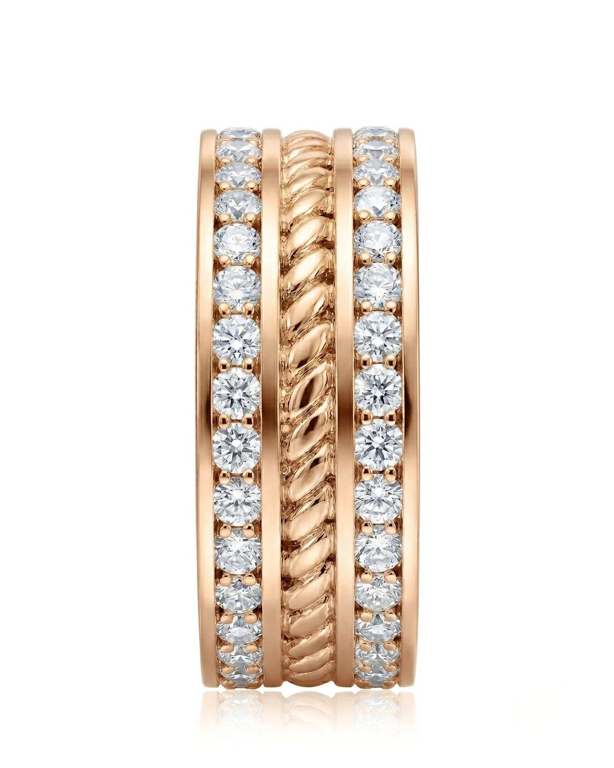 Round diamond wedding band with structured channels and polished 18K rose gold | SARATTI