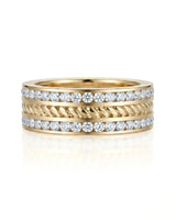 Round diamond wedding band with structured channels and polished 18K yellow gold | SARATTI