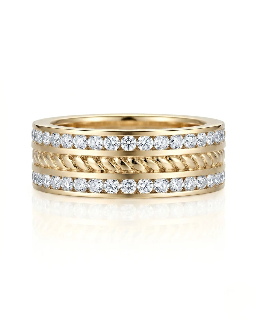 Round diamond wedding band with structured channels and polished 18K yellow gold | SARATTI