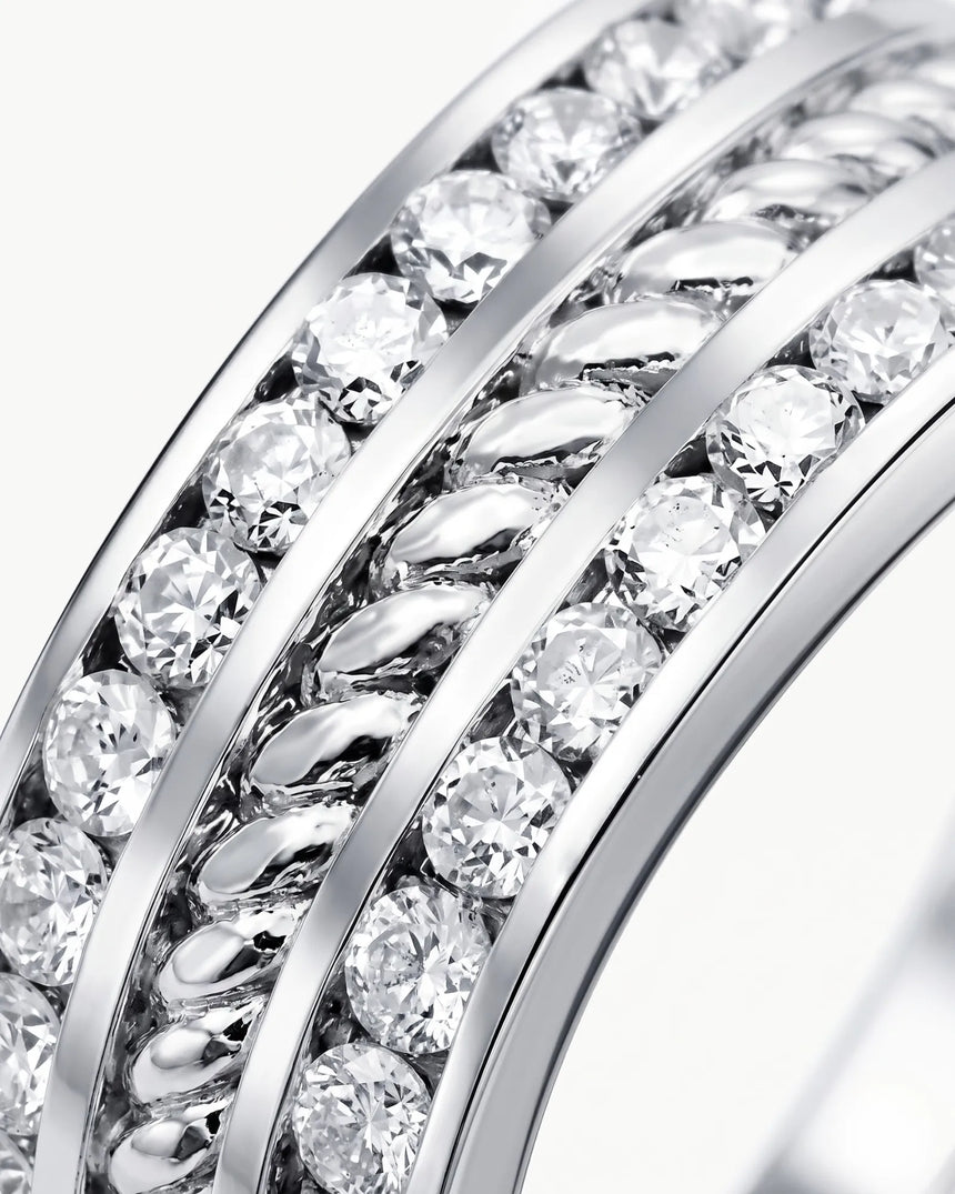 Round diamond wedding band with structured channels and polished 925 Sterling Silver | SARATTI