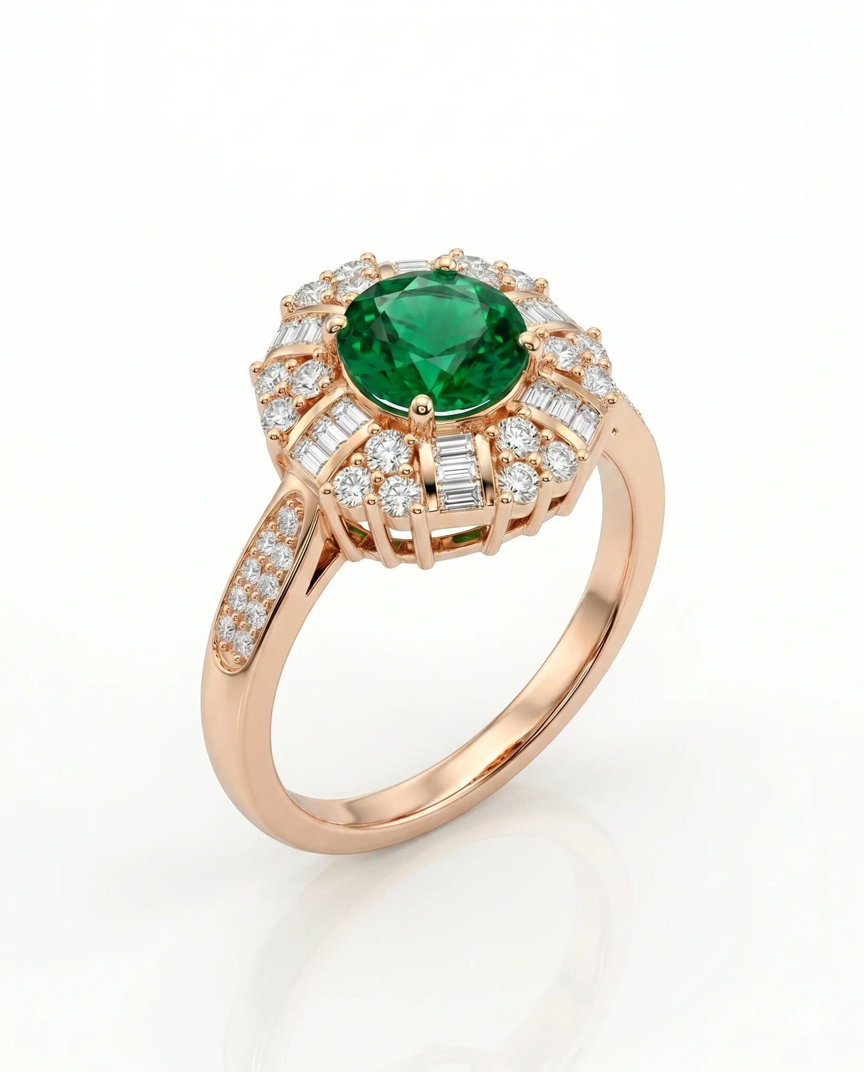 Round emerald birthstone ring with diamonds in 18K rose gold | SARATTI
