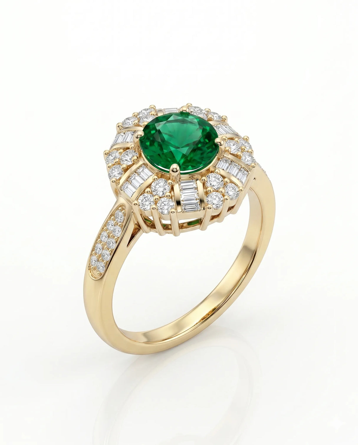 Round emerald birthstone ring with diamonds in 18K yellow gold | SARATTI
