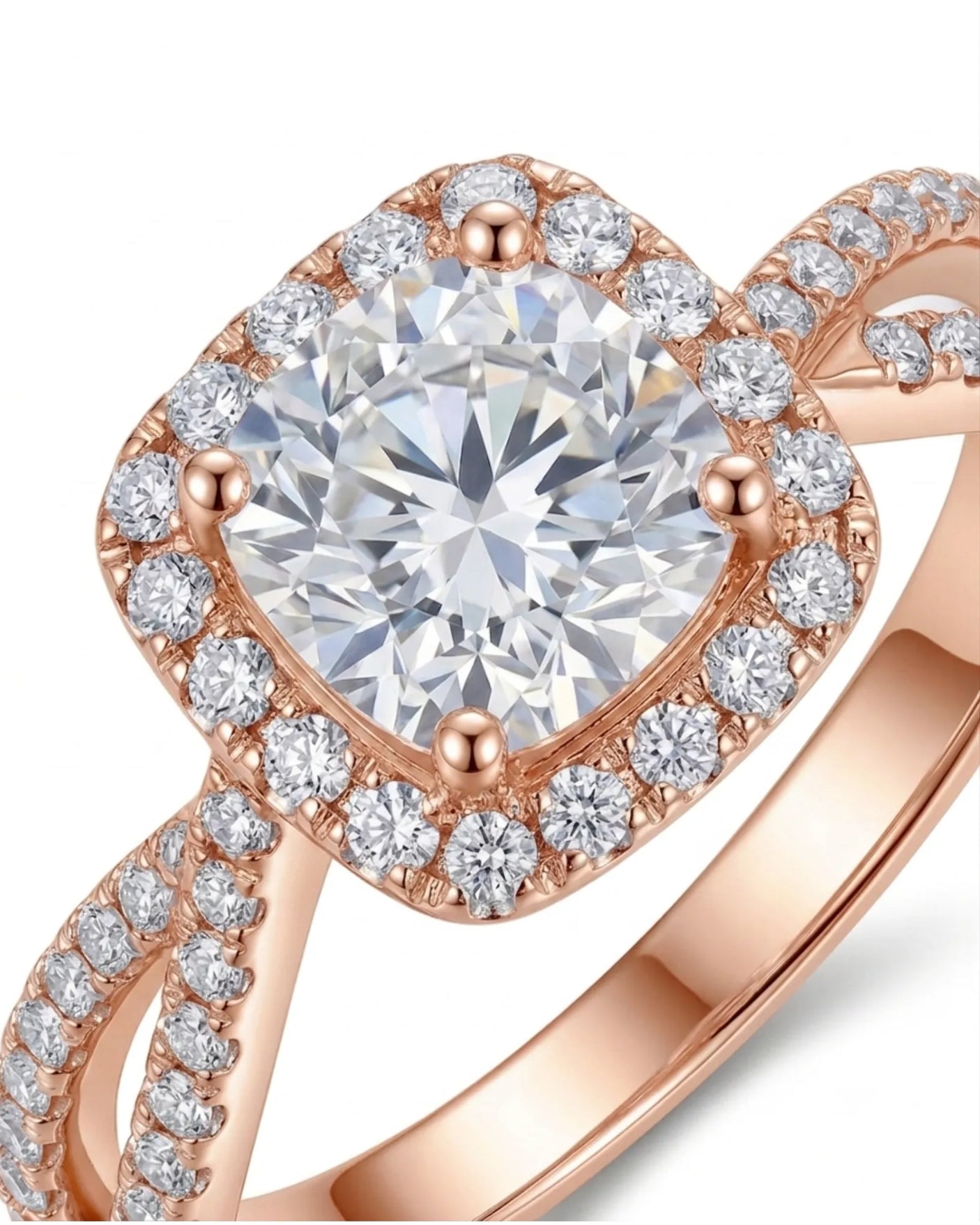 Round moissanite center stone ring with halo side stones in rose gold | SARATTI
