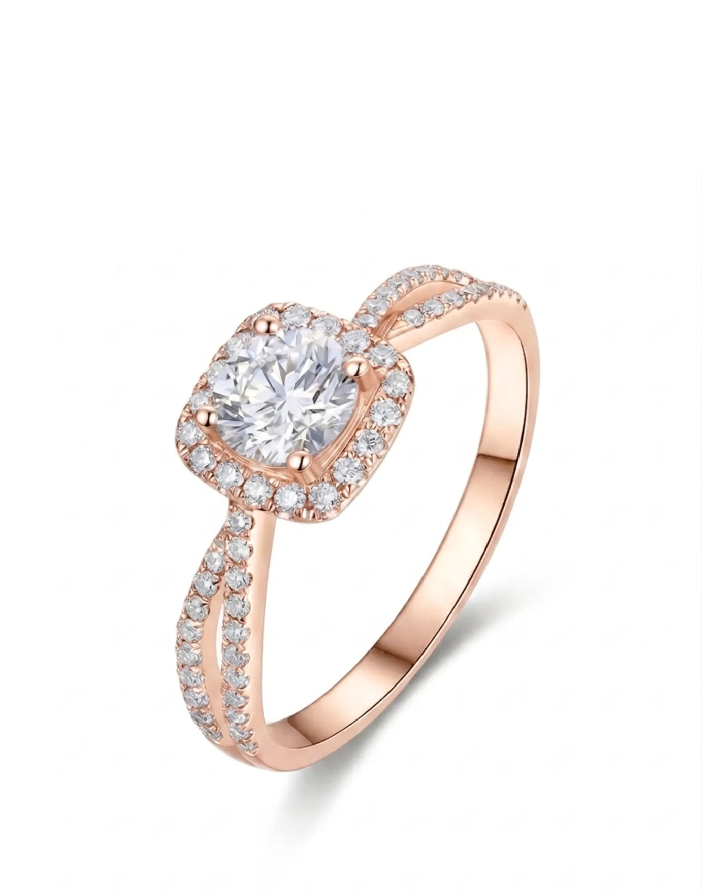 Round moissanite engagement ring with cushion halo and split shank in rose gold | SARATTI