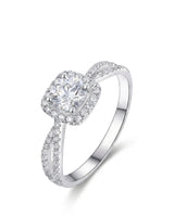 Round moissanite engagement ring with cushion halo and split shank in white gold | SARATTI