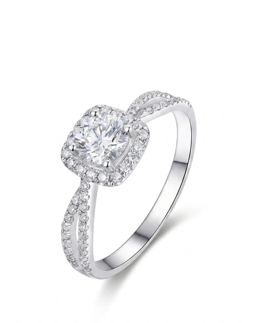 Round moissanite engagement ring with cushion halo and split shank in white gold | SARATTI