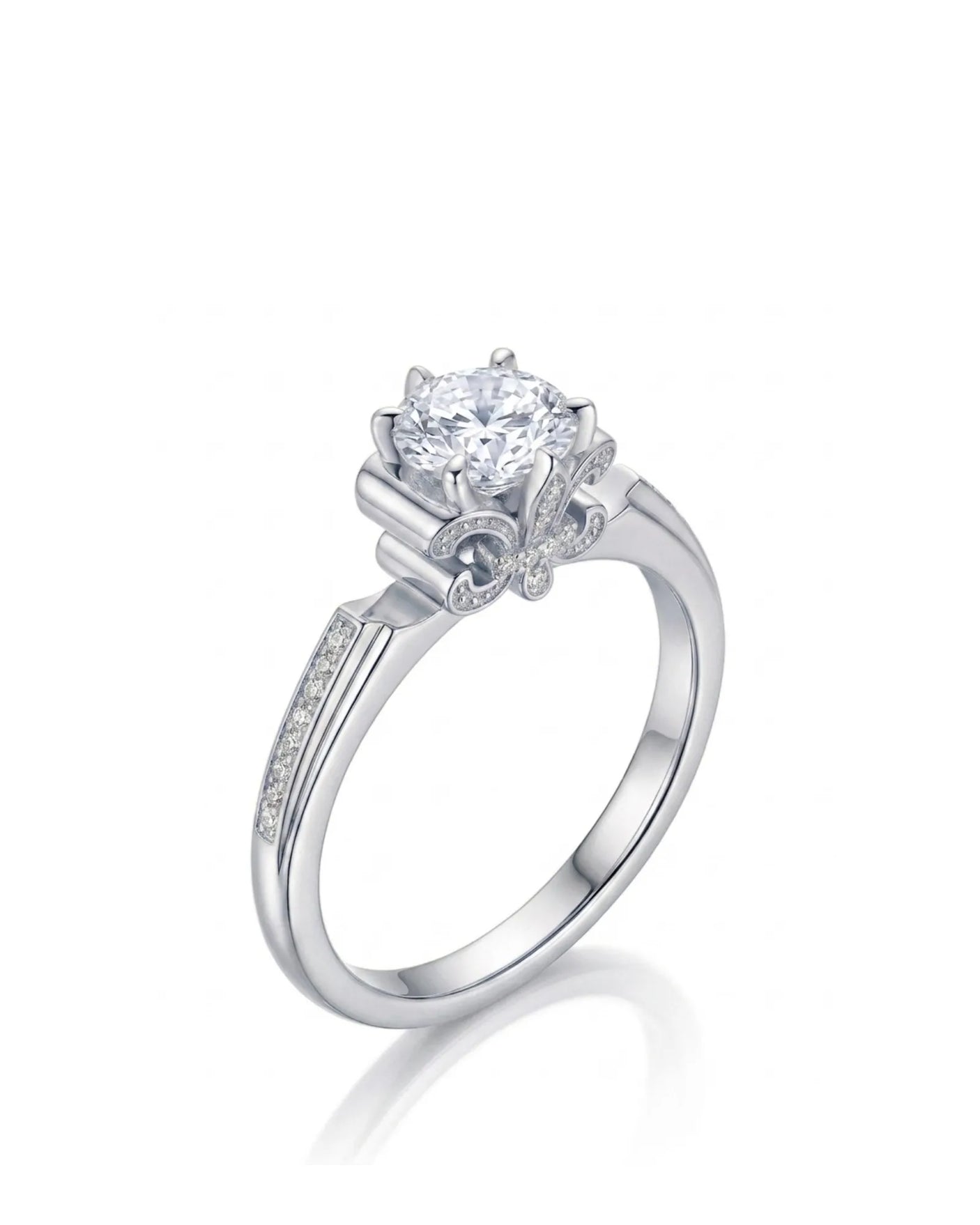 Round moissanite engagement ring with fleur-de-lis gallery, pavé accents, and enduring polished platinum setting | SARATTI