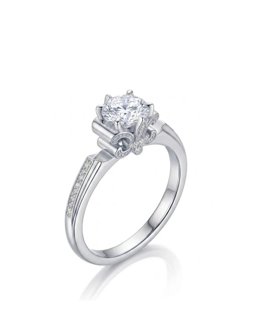 Round moissanite engagement ring with fleur-de-lis gallery, pavé accents, and enduring polished platinum setting | SARATTI