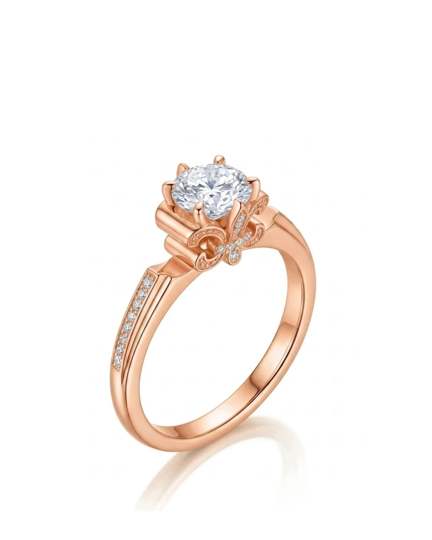 Round moissanite engagement ring with fleur-de-lis gallery, pavé accents, and romantic 18K rose gold setting | SARATTI