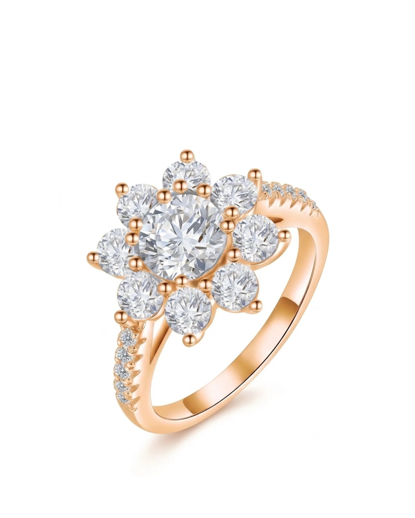 Round moissanite engagement ring with floral cluster halo and pavé shoulders in 18K rose gold | SARATTI