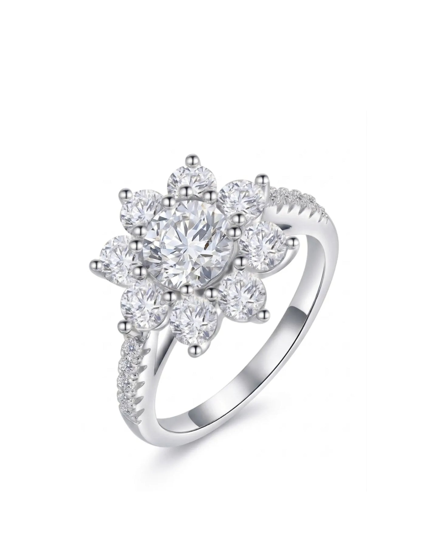 Round moissanite engagement ring with floral cluster halo and pavé shoulders in polished platinum | SARATTI