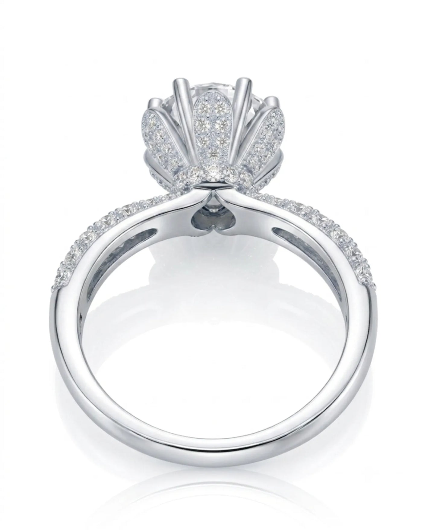 Round moissanite engagement ring with flower-inspired setting and pavé shoulders crafted in polished platinum - SARATTI