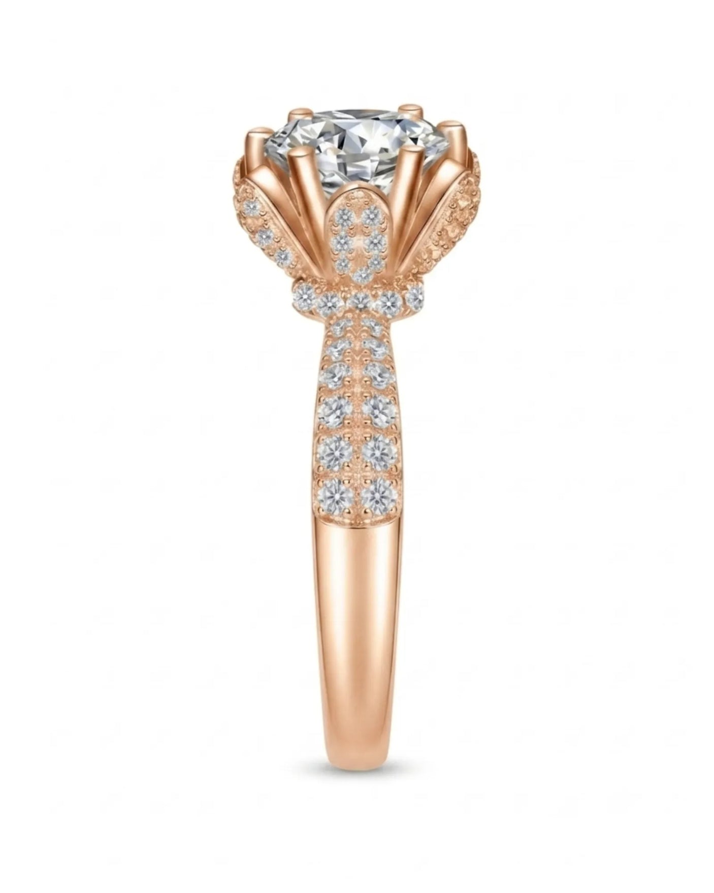 Round moissanite engagement ring with flower-inspired setting and pavé shoulders in polished 18K rose gold - SARATTI