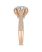 Round moissanite engagement ring with flower-inspired setting and pavé shoulders in polished 18K rose gold - SARATTI