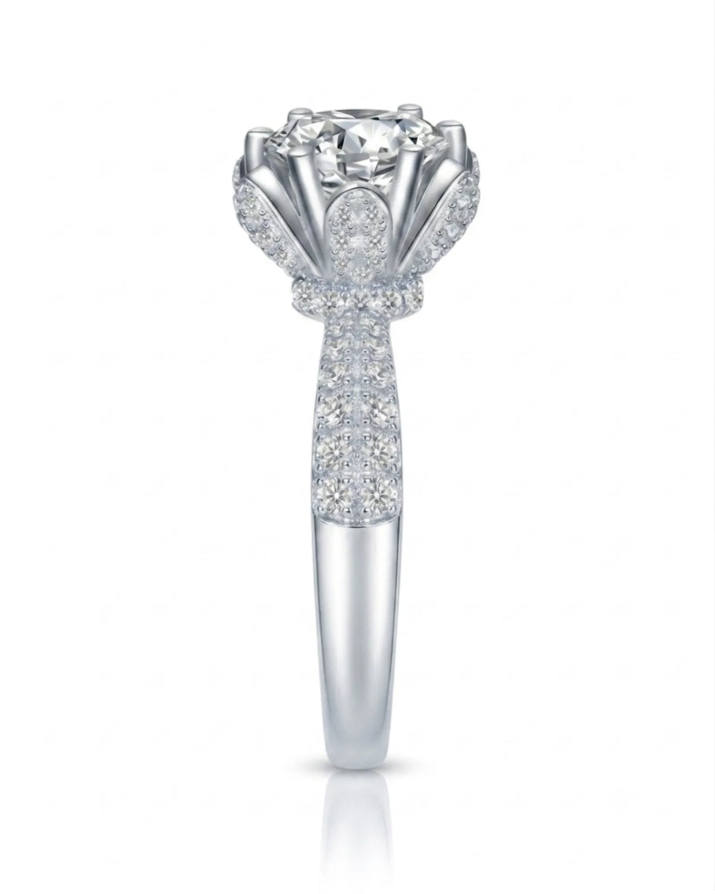 Round moissanite engagement ring with flower-inspired setting and pavé shoulders in polished 18K white gold - SARATTI