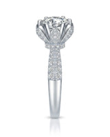 Round moissanite engagement ring with flower-inspired setting and pavé shoulders in polished 18K white gold - SARATTI