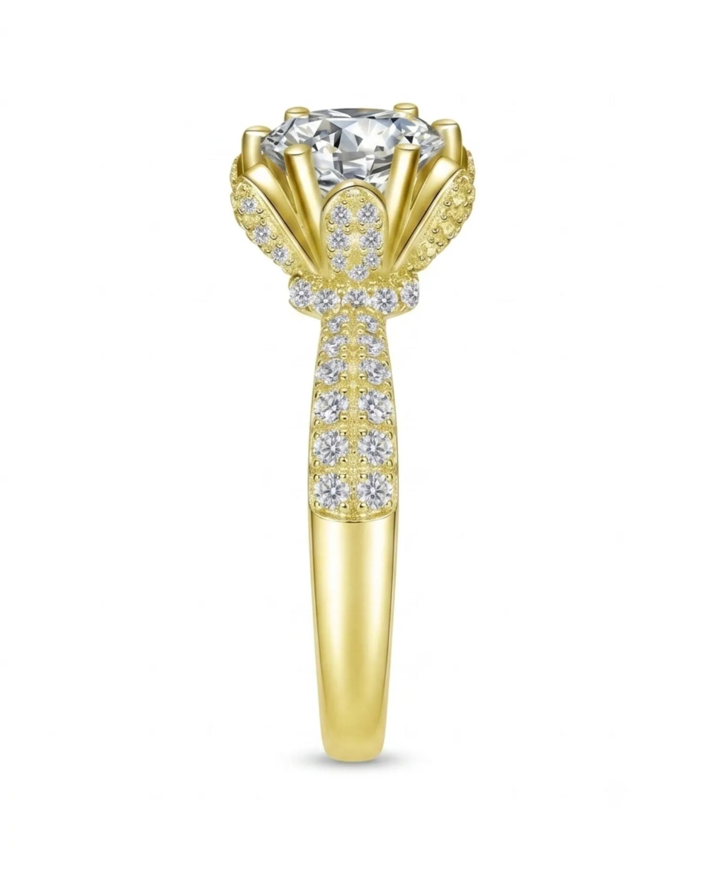Round moissanite engagement ring with flower-inspired setting and pavé shoulders in polished 18K yellow gold | SARATTI