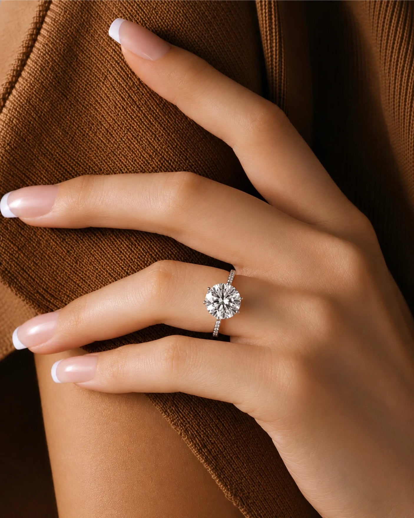 Round moissanite engagement ring with pavé band in polished platinum | SARATTI