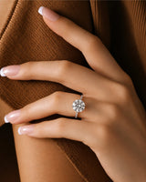 Round moissanite engagement ring with pavé band in polished white gold | SARATTI