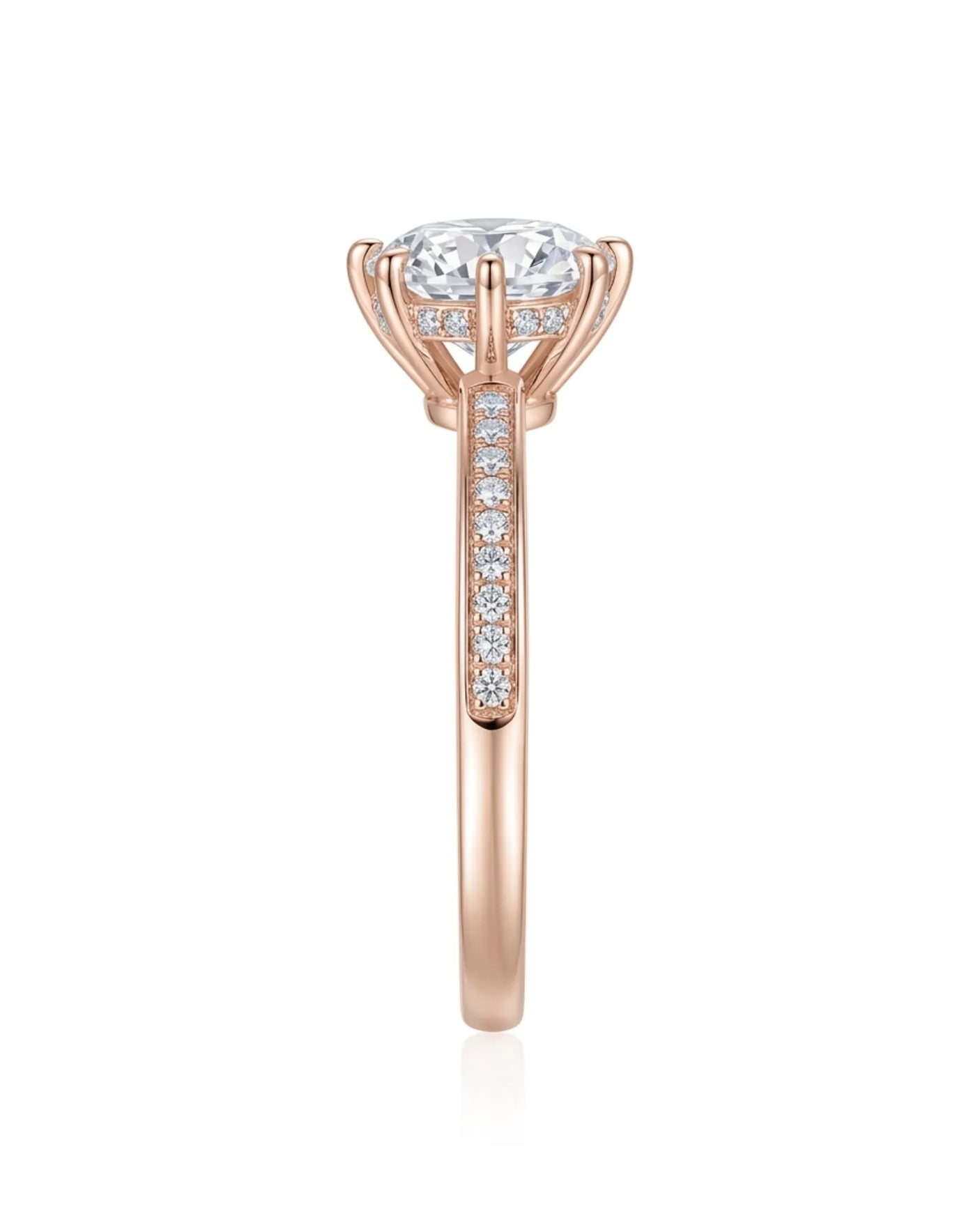 Round moissanite engagement ring with pavé band in romantic rose gold | SARATTI