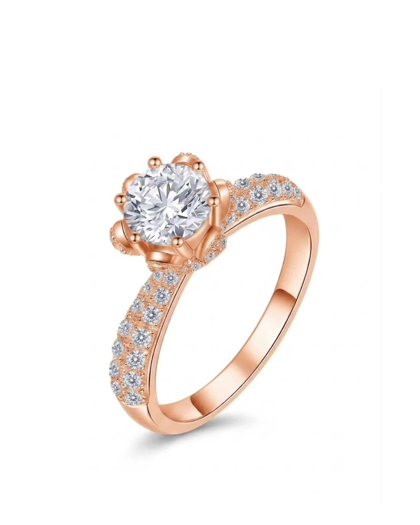 Round moissanite engagement ring with pavé shoulders, hidden halo, floral basket, and 18K rose gold | SARATTI