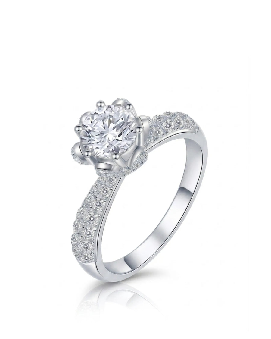 Round moissanite engagement ring with pavé shoulders, hidden halo, floral basket, and 18K white gold | SARATTI