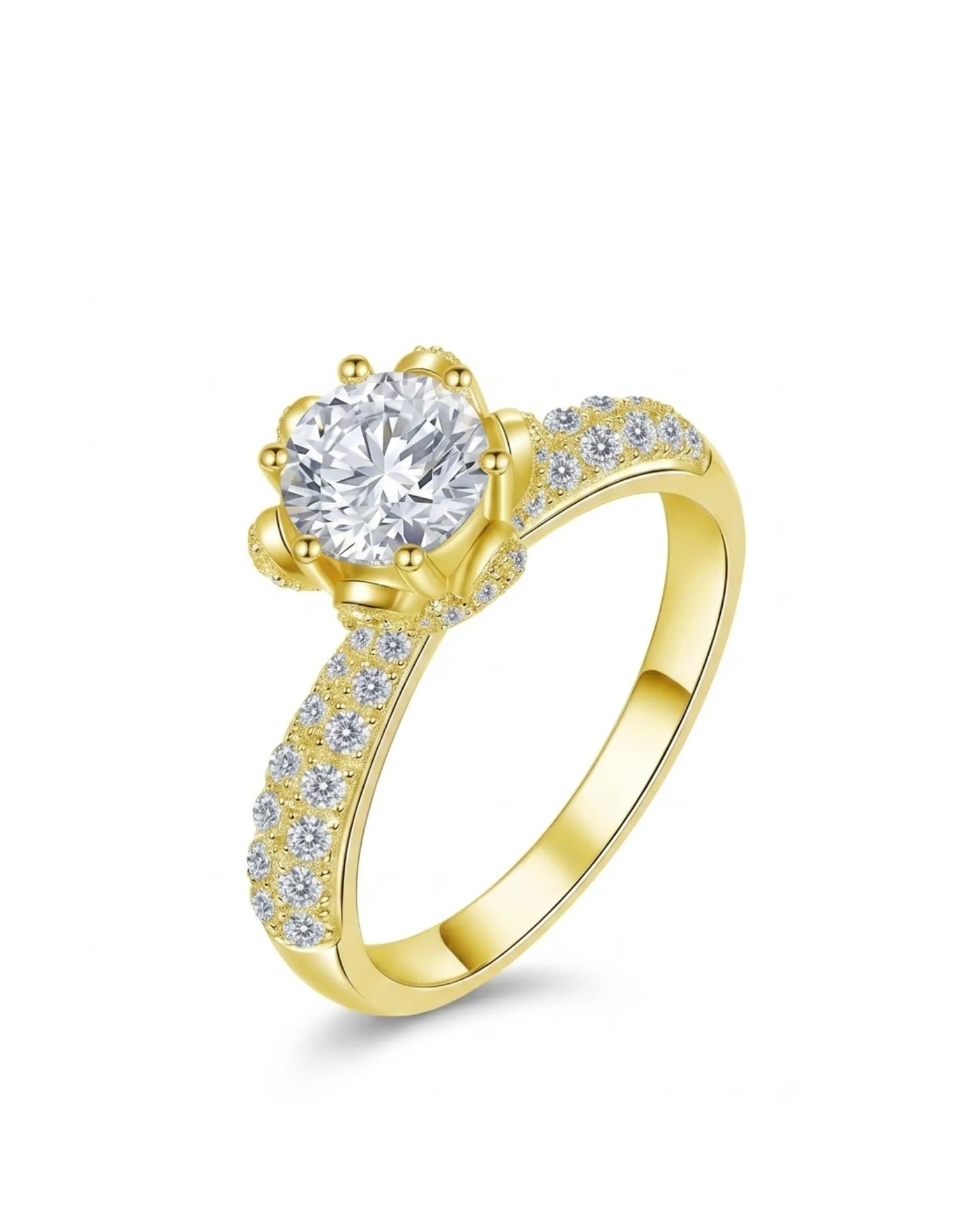 Round moissanite engagement ring with pavé shoulders, hidden halo, floral basket, and 18K yellow gold | SARATTI