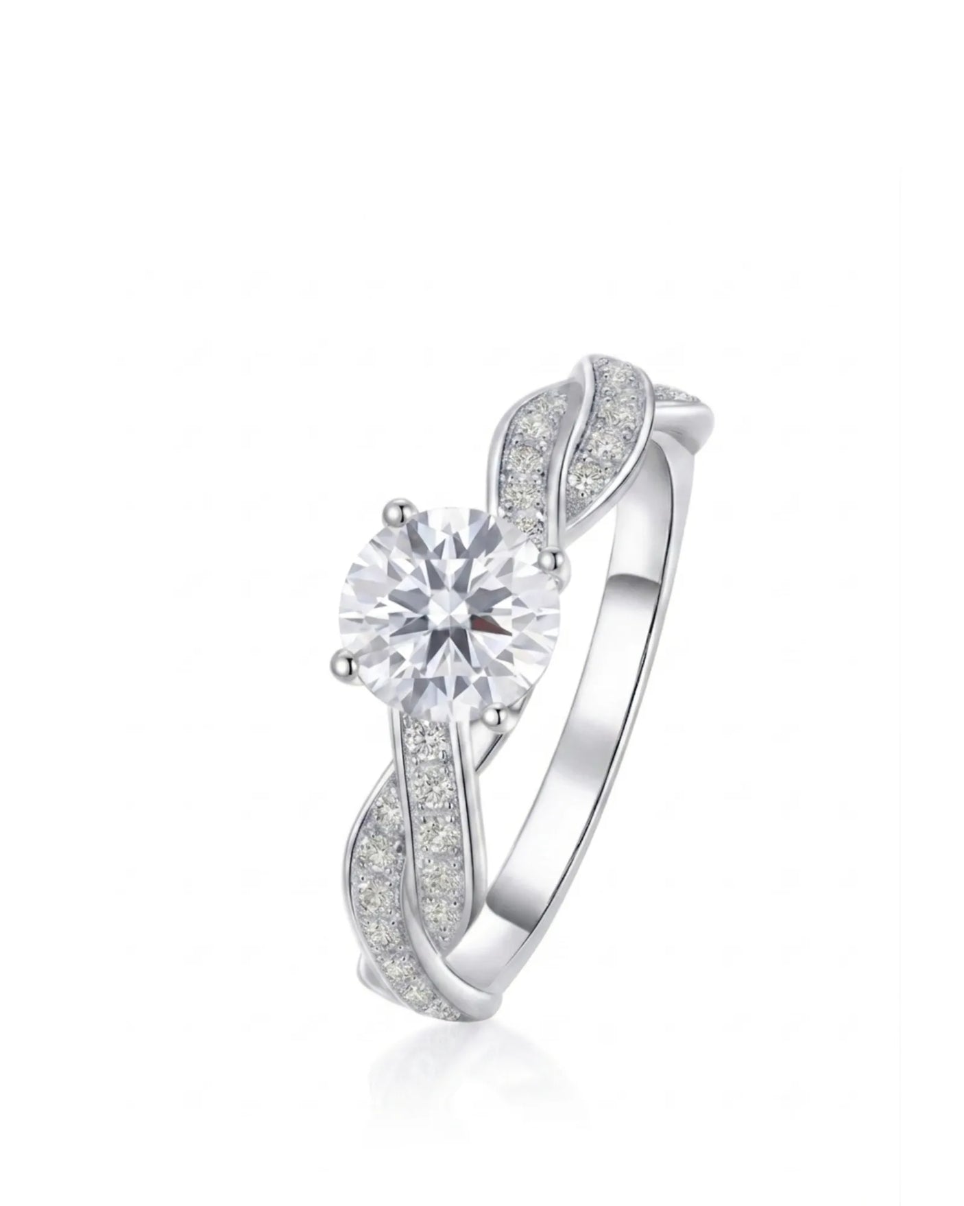 Round moissanite engagement ring with twisted pavé shoulders and enduring polished platinum setting | SARATTI
