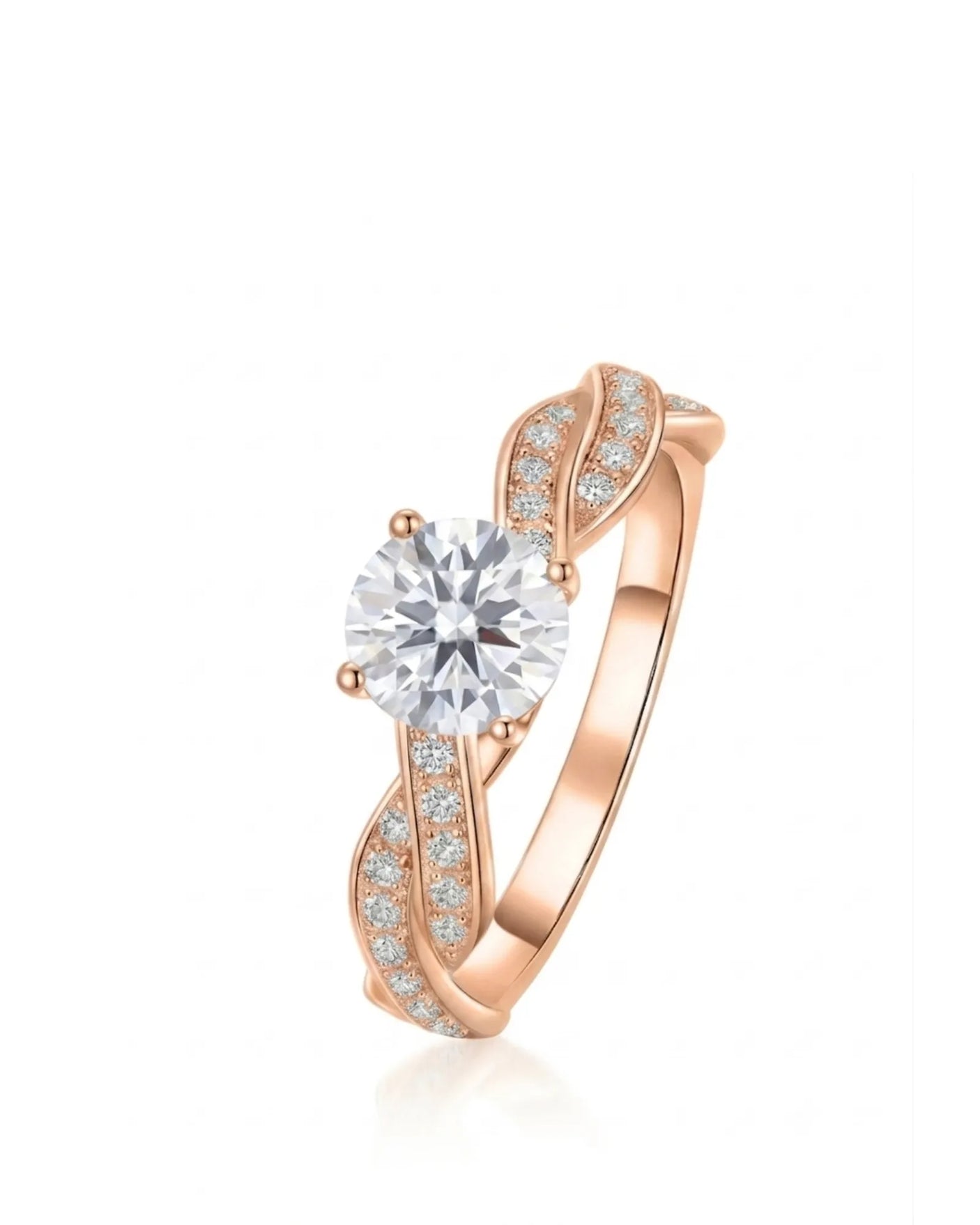 Round moissanite engagement ring with twisted pavé shoulders and polished 18K rose gold setting | SARATTI