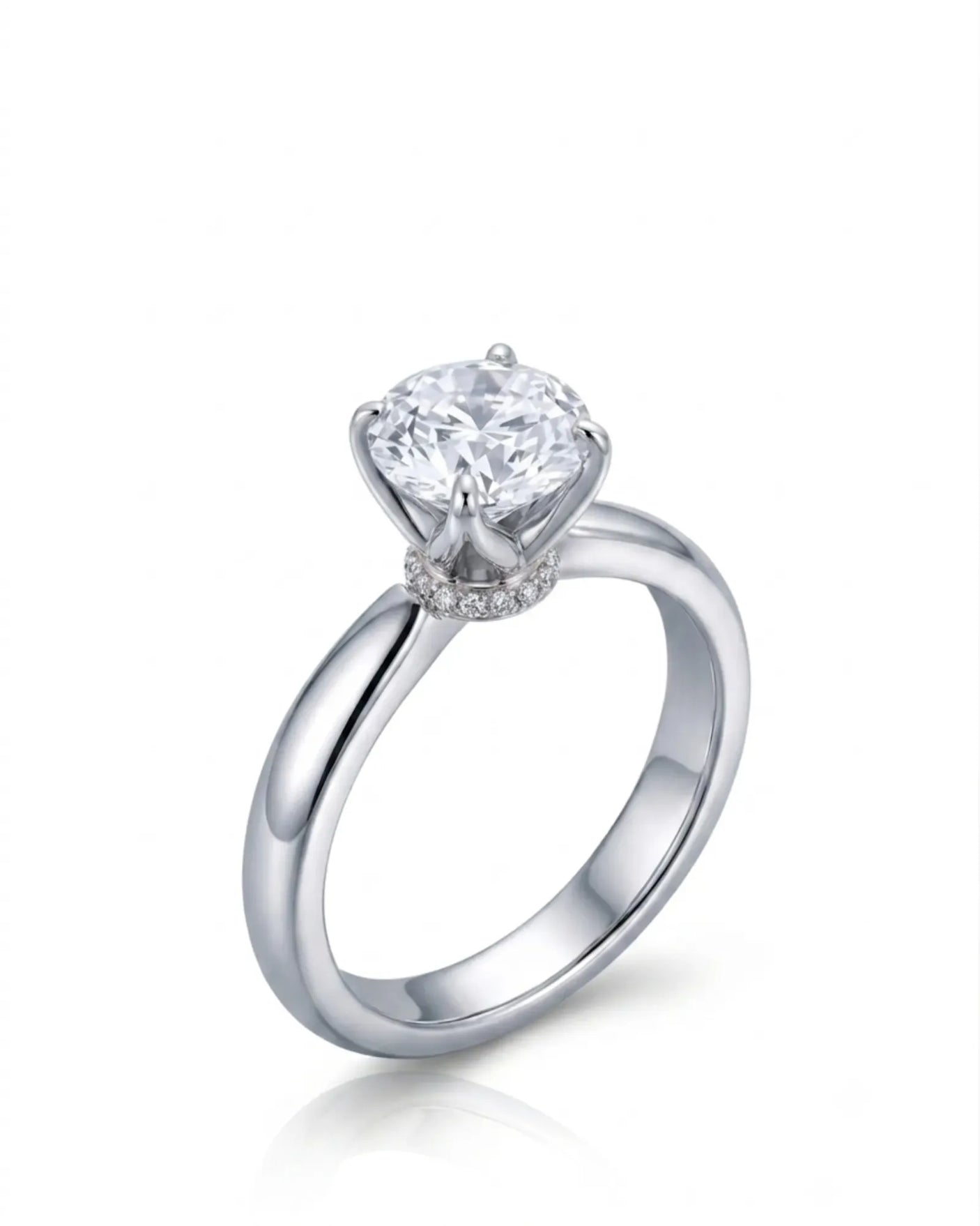 Round moissanite promise ring with tulip prongs and hidden pavé detail crafted in 18k white gold | SARATTI