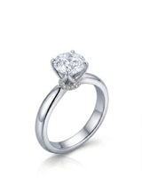Round moissanite promise ring with tulip prongs and hidden pavé detail crafted in 18k white gold | SARATTI