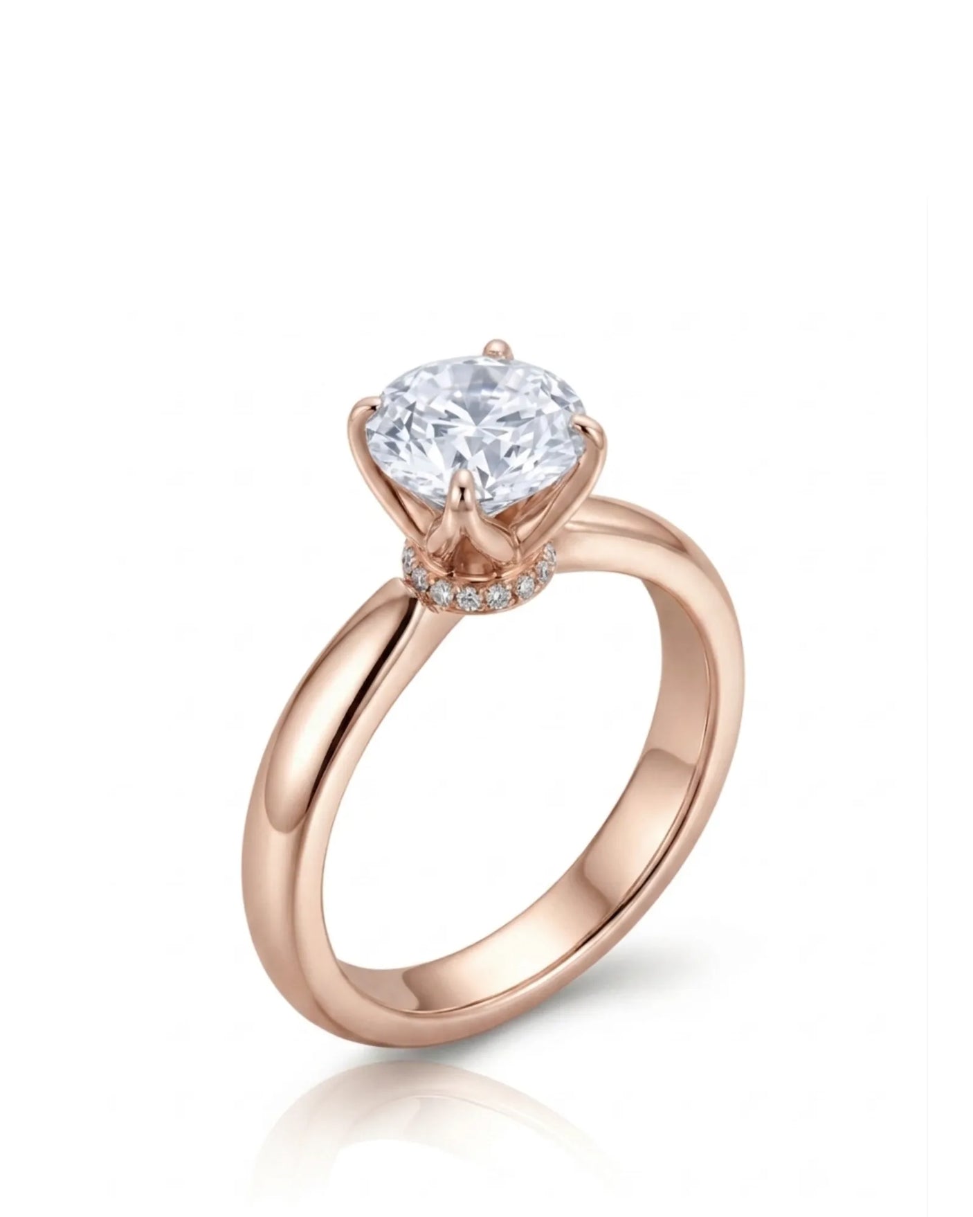 Round moissanite promise ring with tulip prongs and hidden pavé detail in 18K rose gold | SARATTI