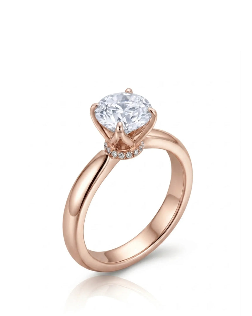 Round moissanite promise ring with tulip prongs and hidden pavé detail in 18K rose gold | SARATTI