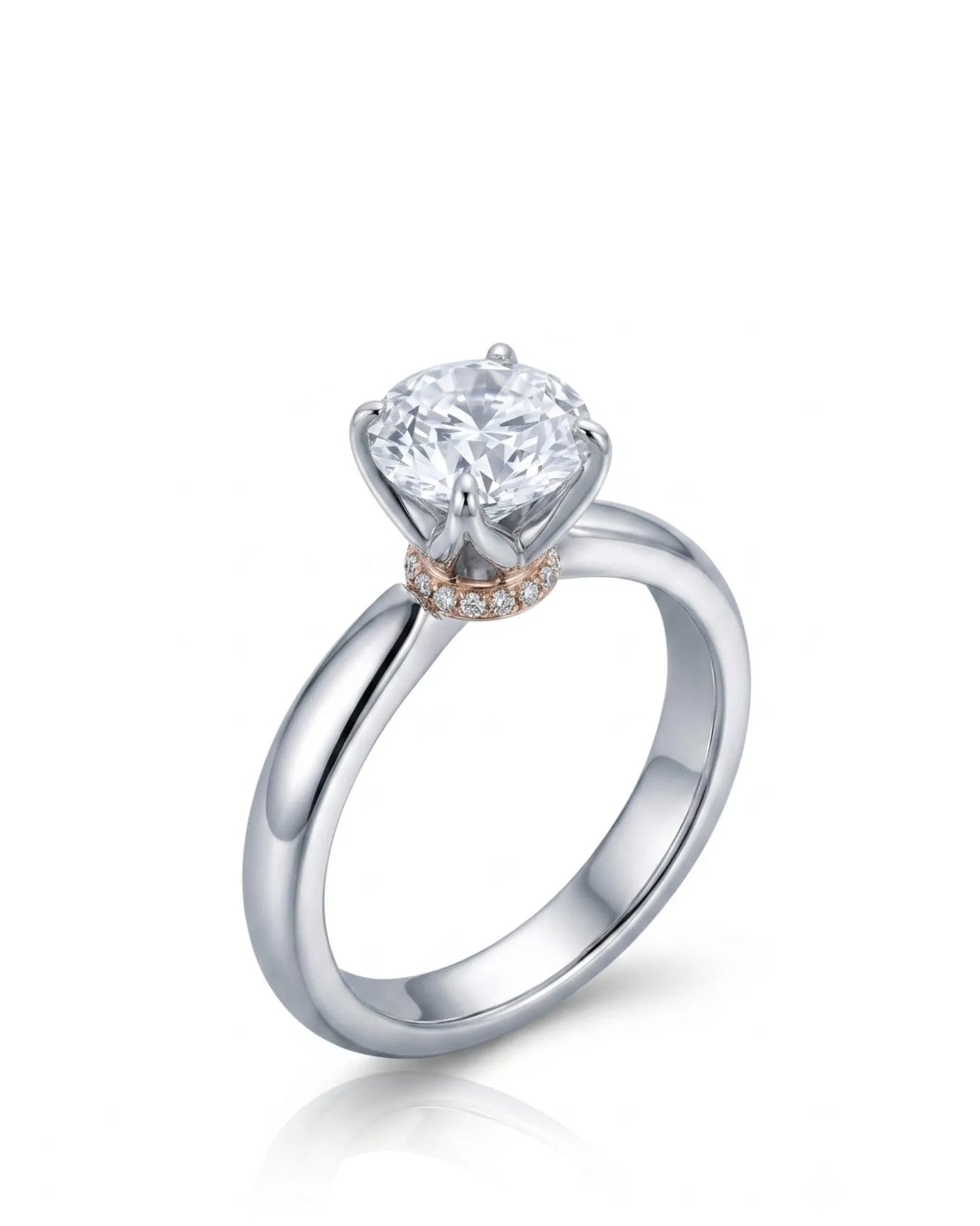 Round moissanite promise ring with tulip prongs and hidden pavé detail in 18K white gold | SARATTI