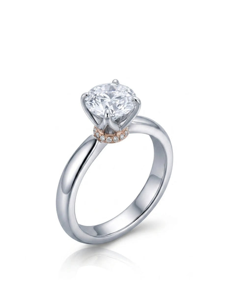 Round moissanite promise ring with tulip prongs and hidden pavé detail in 18K white gold | SARATTI