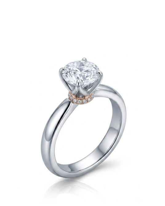 Round moissanite promise ring with tulip prongs and hidden pavé detail in 18K white gold | SARATTI