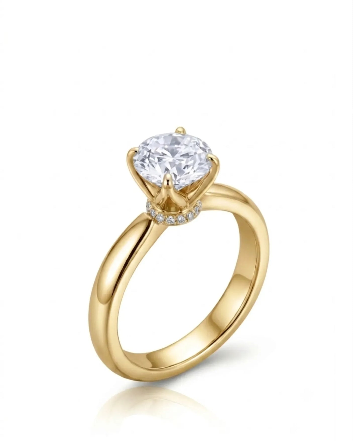 Round moissanite promise ring with tulip prongs and hidden pavé detail in 18K yellow gold | SARATTI