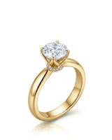 Round moissanite promise ring with tulip prongs and hidden pavé detail in 18K yellow gold | SARATTI