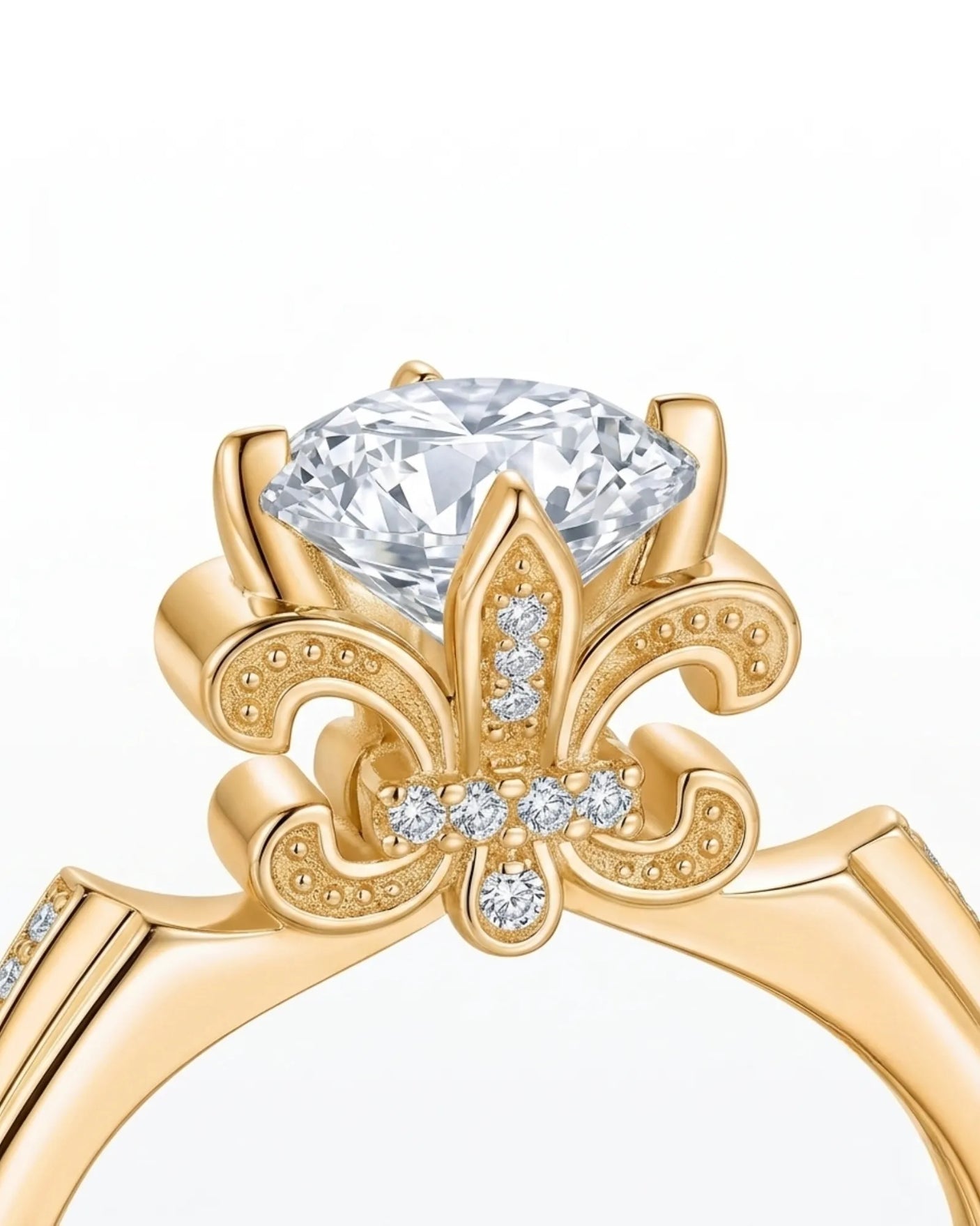 Round moissanite proposal ring with pavé side stones and heritage fleur-de-lis setting in 18K yellow gold | SARATTI