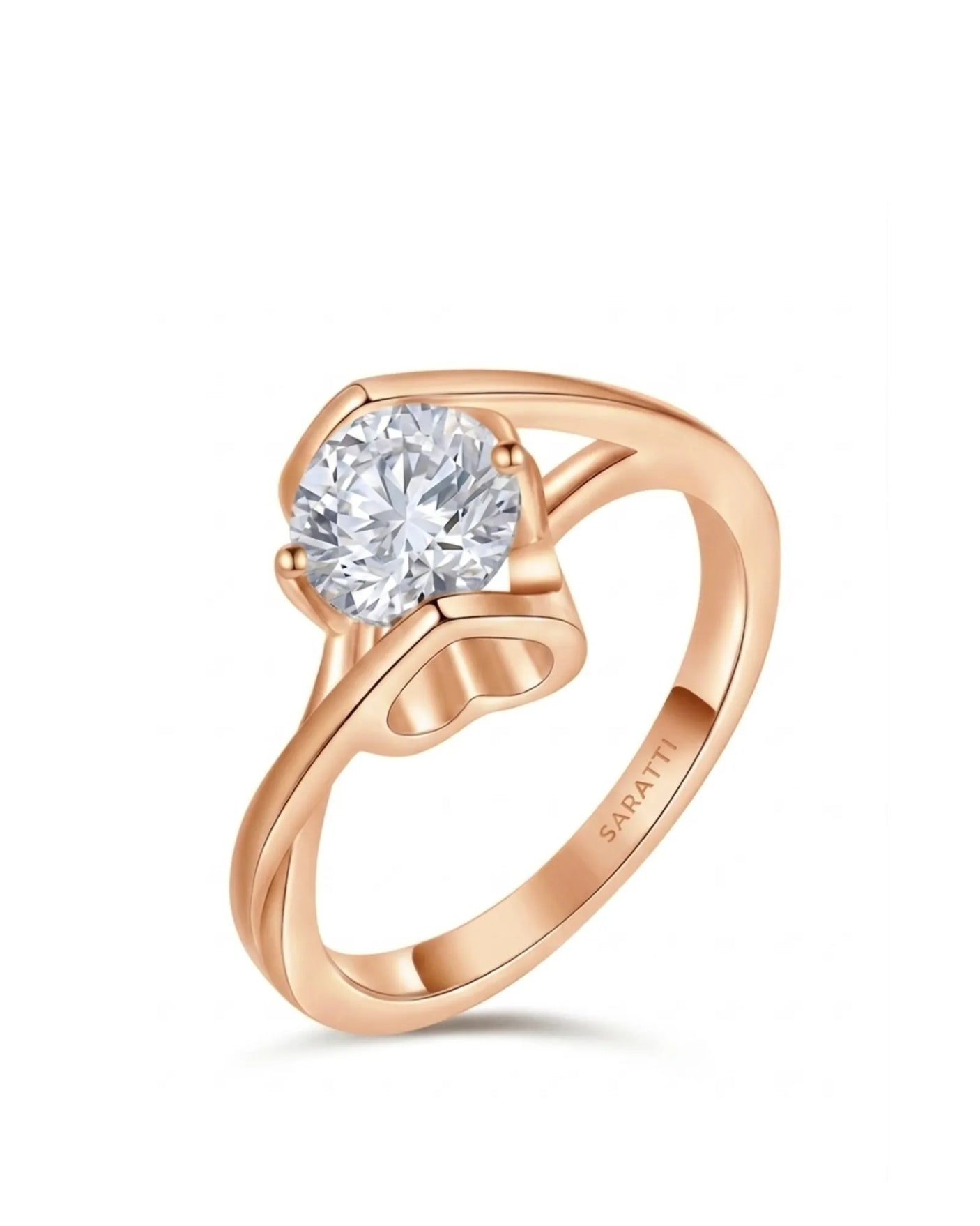 Round moissanite solitaire engagement ring with Möbius band and heart basket in 18K rose gold | SARATTI