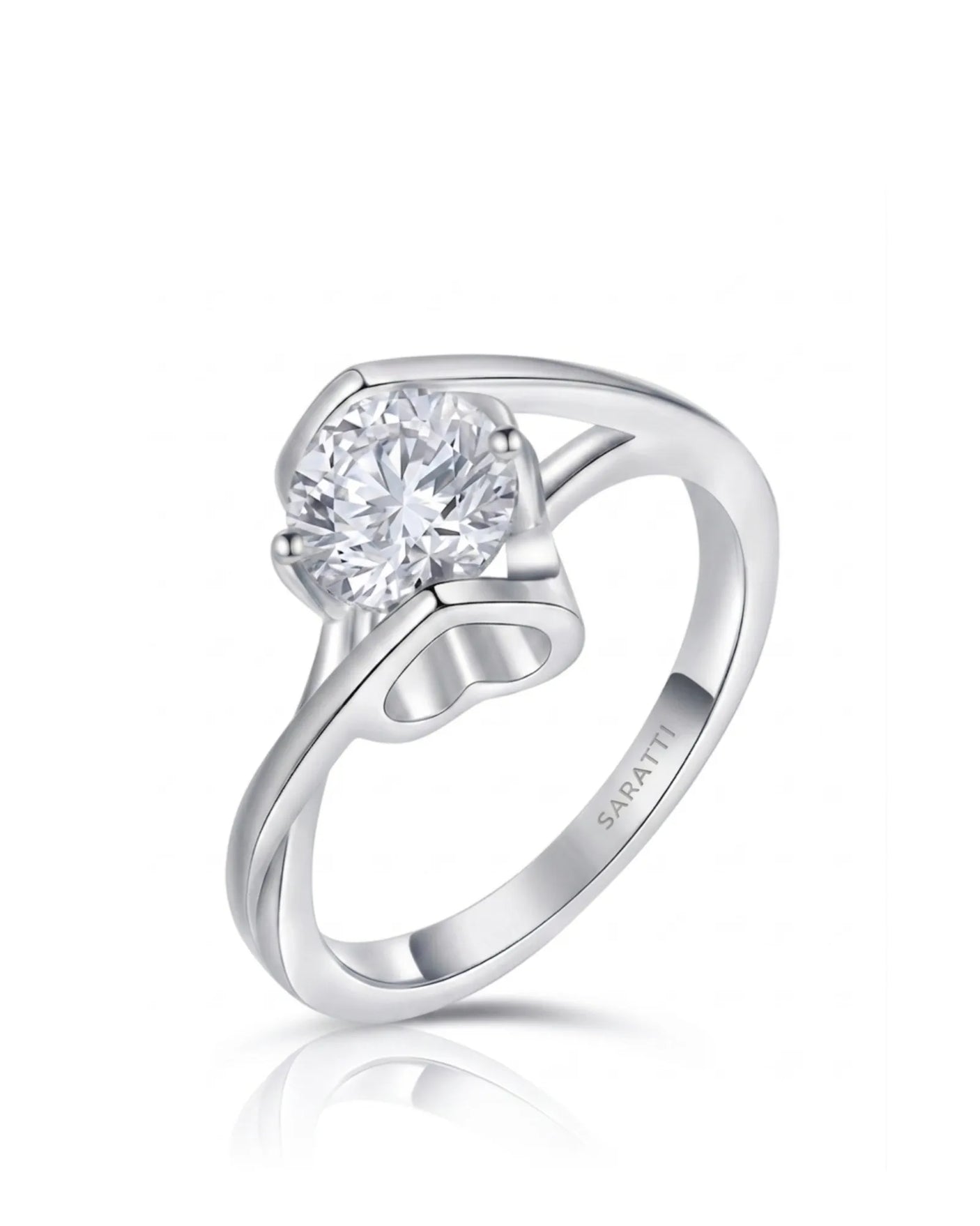 Round moissanite solitaire engagement ring with Möbius band and heart basket in 18K white gold | SARATTI